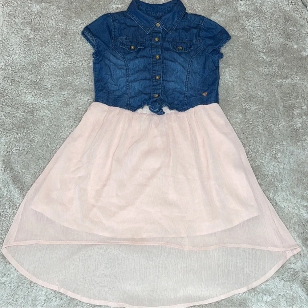 GUESS Kids Mixed-Media Denim & Pink Chiffon High-Low Dress — Girls Size L (14)